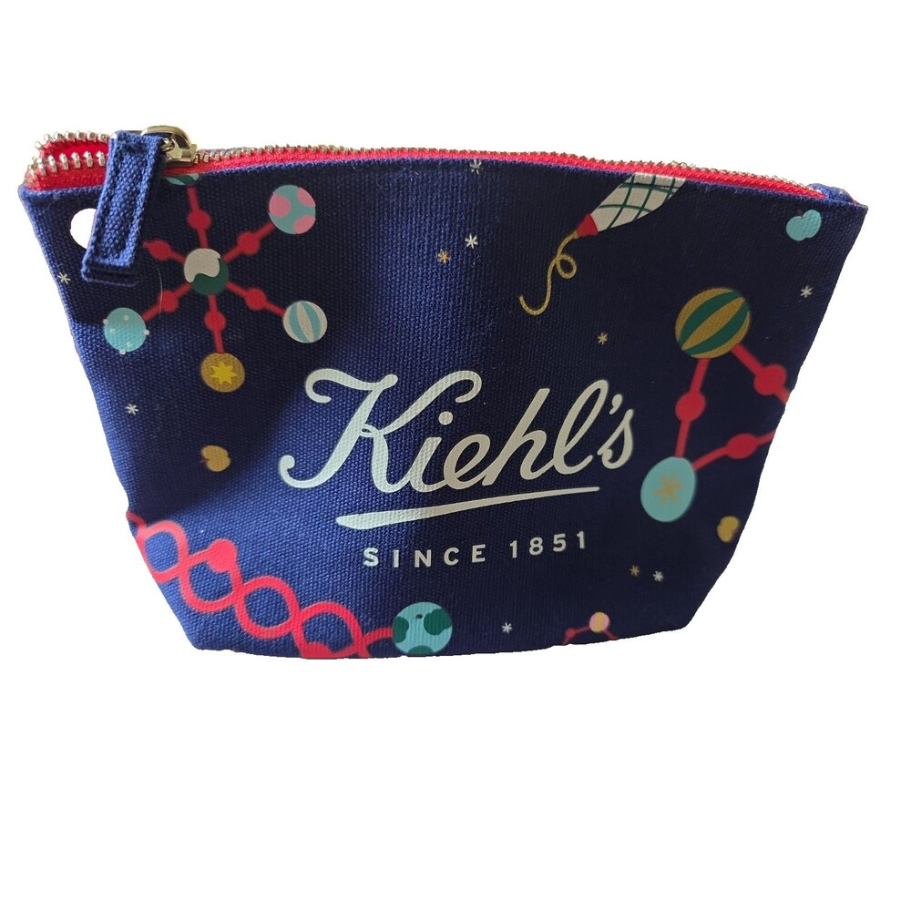 Kiehl's Holiday Cosmetic Makeup Bag Zip Janine Rewell Pouch Blue Christmas